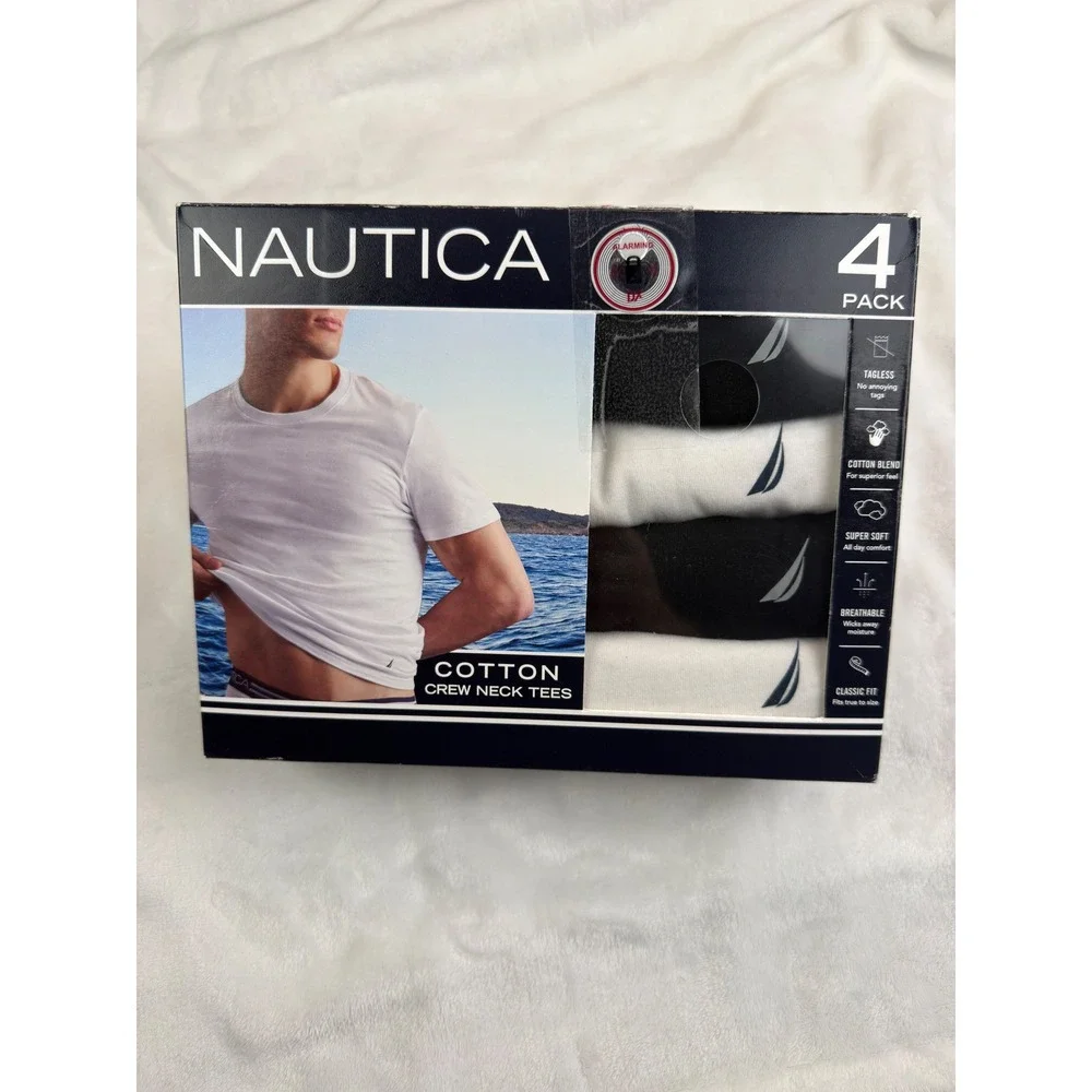 Nautica Mens 4 Pack Cotton Blend Crew Neck Tees Black White Medium 38-40 NEW